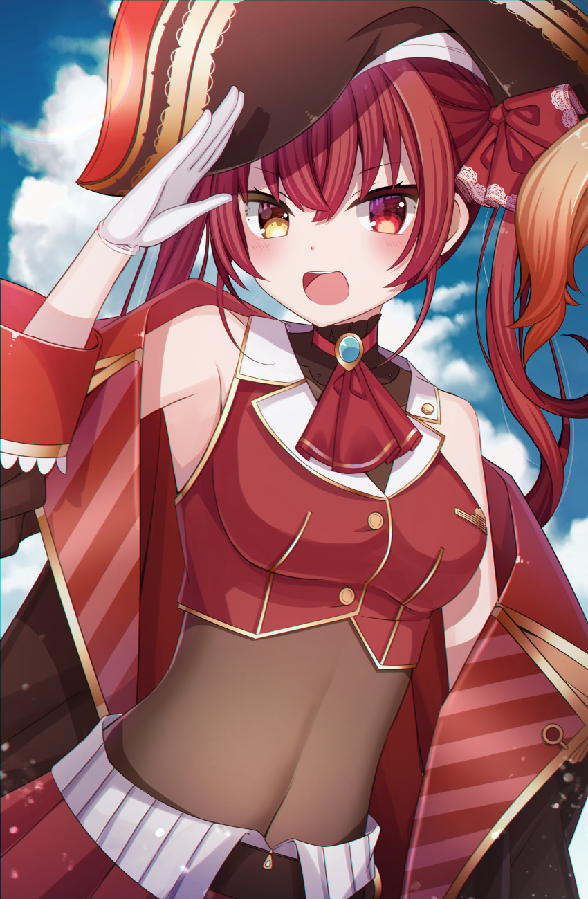 1girl absurdres armpits bangs bare_shoulders black_coat blonde_hair blue_sky blush bow breasts clouds coat cowboy_shot crop_top day gloves hair_bow hat heterochromia highres hololive houshou_marine huge_filesize lens_flare long_hair looking_at_viewer medium_breasts multicolored_hair off_shoulder open_clothes open_coat outdoors pirate pirate_hat red_bow red_eyes red_skirt redhead salute sapphire_(sapphire25252) shirt skirt sky sleeveless sleeveless_shirt solo twintails virtual_youtuber white_gloves yellow_eyes