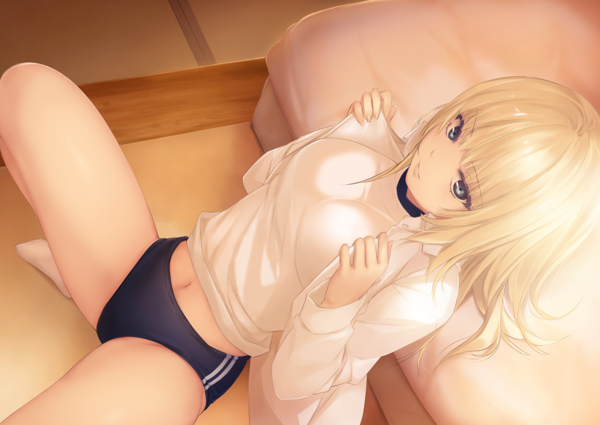 1girl bangs blonde_hair blue_eyes blush breasts buruma coffee-kizoku eyebrows_visible_through_hair gym_uniform highres large_breasts long_hair long_sleeves looking_at_viewer navel original shirt sidelocks smile socks solo squatting undressing white_footwear white_shirt