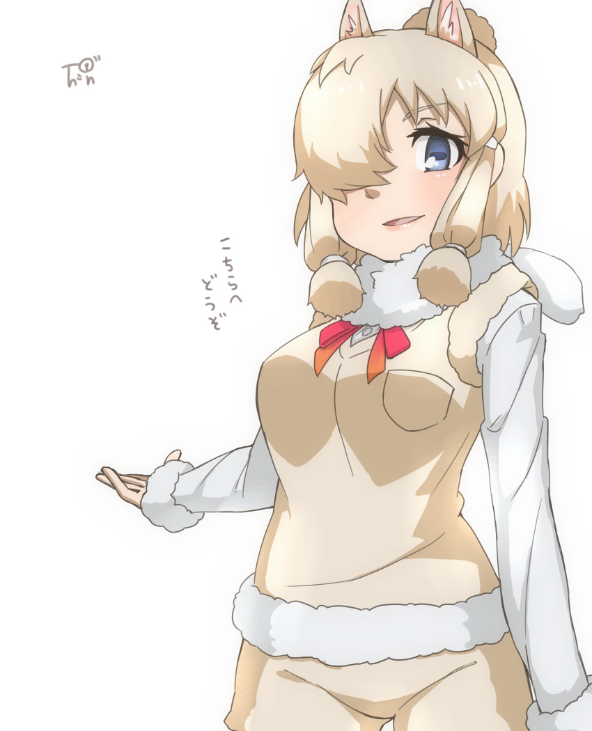 1girl alpaca_ears alpaca_suri_(kemono_friends) animal_ears arm_at_side artist_logo bangs blonde_hair blue_eyes breast_pocket commentary_request cowboy_shot extra_ears eyebrows_visible_through_hair fur-trimmed_sleeves fur_scarf fur_trim hair_bun hair_over_one_eye hand_up highres horizontal_pupils kemono_friends long_sleeves looking_at_viewer medium_hair neck_ribbon parted_lips pocket ribbon scarf shorts sidelocks simple_background smile solo sweater_vest thin_(suzuneya) translation_request white_background