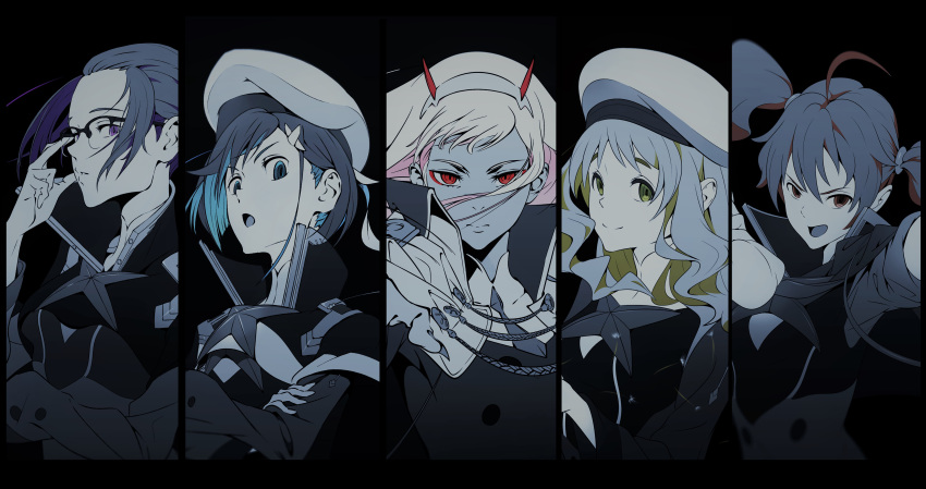 5girls absurdres bangs beret blonde_hair blue_eyes blue_hair breasts brown_eyes brown_hair closed_mouth collar darling_in_the_franxx glasses green_eyes hair_between_eyes hair_ornament hairband hat highres horns ichigo_(darling_in_the_franxx) ikuno_(darling_in_the_franxx) kokoro_(darling_in_the_franxx) long_hair long_sleeves looking_at_viewer miku_(darling_in_the_franxx) monochrome multiple_girls open_mouth pink_hair purple_hair red_eyes short_hair smile twintails uniform upper_body violet_eyes zero_two_(darling_in_the_franxx) zorome_(darling_in_the_franxx) zzl