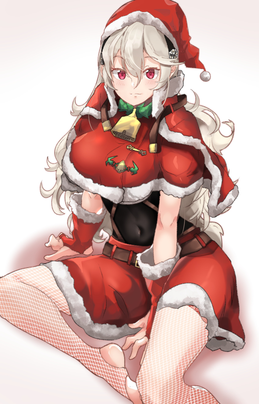 1girl bell belt closed_mouth corrin_(fire_emblem) corrin_(fire_emblem)_(female) fire_emblem fire_emblem_fates fur_trim gloves h.pn hairband hat highres long_hair pointy_ears pom_pom_(clothes) red_eyes red_headwear santa_costume santa_hat simple_background sitting skirt solo white_hair