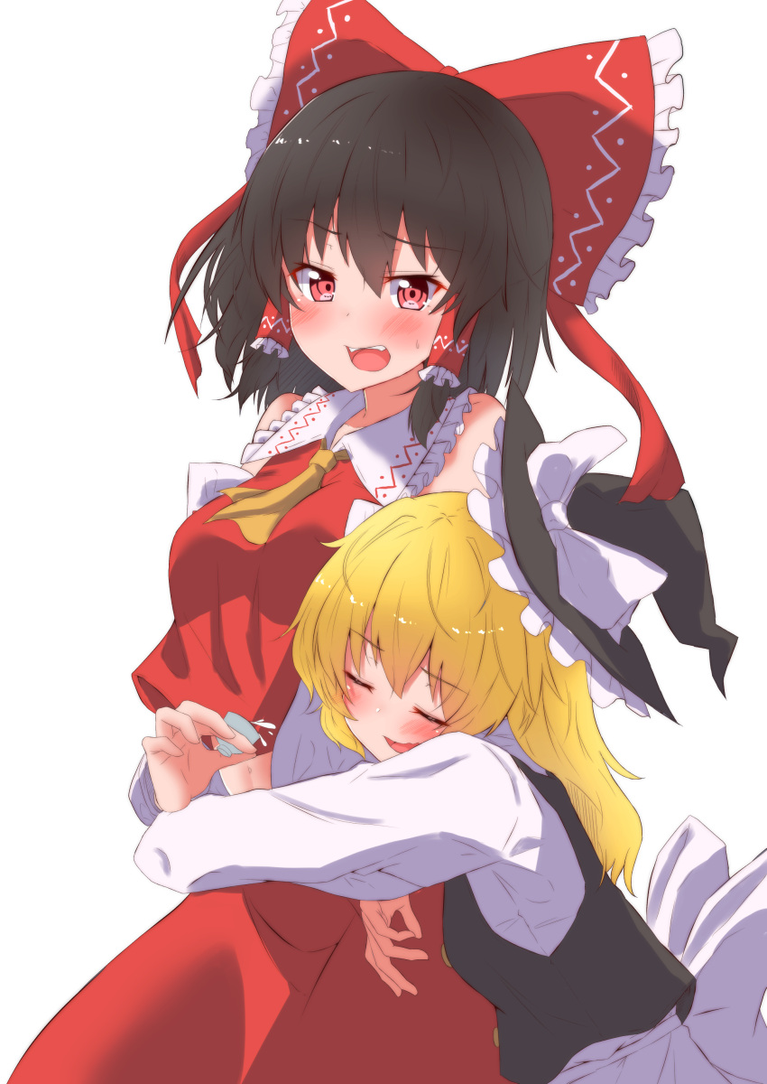 2girls absurdres alcohol ascot black_hair black_headwear blonde_hair blush bow closed_eyes commentary_request drunk eyebrows_visible_through_hair hair_bow hair_tubes hakurei_reimu hat highres hug hug_from_behind kirisame_marisa long_hair long_sleeves mukkushi multiple_girls open_mouth red_bow red_eyes sake short_hair simple_background teeth touhou upper_teeth white_background witch_hat yellow_neckwear