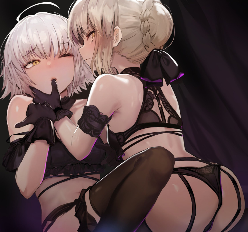 2girls akieda arm_garter artoria_pendragon_(all) ass back bangs bare_shoulders black_bra black_gloves black_legwear black_panties black_ribbon blush bra breasts closed_mouth fate/grand_order fate/stay_night fate_(series) finger_in_mouth frilled_bra frills garter_belt garter_straps gloves hair_ribbon highres jeanne_d'arc_(alter)_(fate) jeanne_d'arc_(fate)_(all) large_breasts long_hair looking_at_viewer looking_back multiple_girls one_eye_closed pale_skin panties ribbon saber_alter short_hair silver_hair thigh-highs thighs underwear yellow_eyes