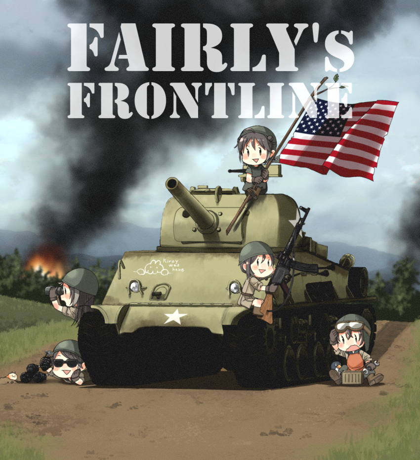 5girls adapted_uniform american_flag annin_musou assault_rifle binoculars blush blush_stickers boots branch browning_m2 chibi cover cover_page doujinshi explosive failure_penguin fairy_(kantai_collection) fire flag forest gloves goggles goggles_on_headwear grass grenade ground_vehicle gun hand_on_own_head helmet highres hill kantai_collection kilroy_was_here long_hair looking_afar looking_at_viewer looking_to_the_side lying m4_sherman military military_uniform military_vehicle motor_vehicle multiple_girls nature on_stomach outdoors rifle road sidelocks sitting skirt sky sleeves_rolled_up smoke stg44 sunglasses tank triangle_mouth uniform wavy_mouth weapon world_war_ii wrench