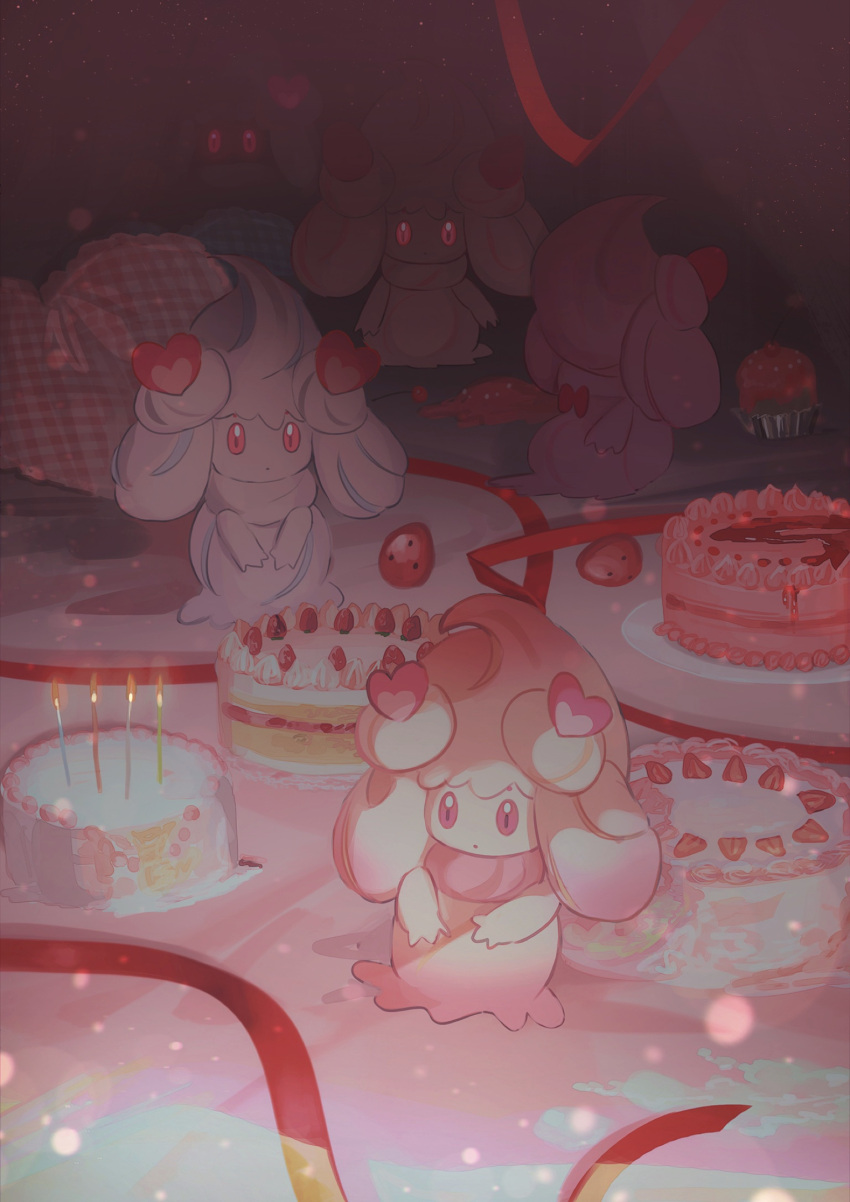 alcremie burning cake candle candlelight chihuri commentary_request facing_away fire food fruit gen_8_pokemon heart highres no_humans pink_eyes pokemon pokemon_(creature) red_eyes red_ribbon ribbon strawberry