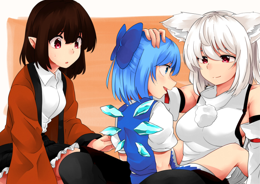 3girls absurdres animal_ears bare_shoulders black_hair black_legwear black_skirt blue_dress blue_eyes blue_hair blue_ribbon bow breasts cirno detached_sleeves dress dress_shirt fairy_wings hair_bow hand_on_another's_head highres huge_filesize ice ice_wings inubashiri_momiji large_breasts looking_at_another medium_breasts multiple_girls pointy_ears pom_pom_(clothes) red_eyes ribbon ribbon-trimmed_sleeves ribbon_trim shameimaru_aya shirokaba114 shirt short_hair silver_hair skirt sleeveless sleeveless_shirt tail touhou turtleneck white_shirt wings wolf_ears wolf_tail