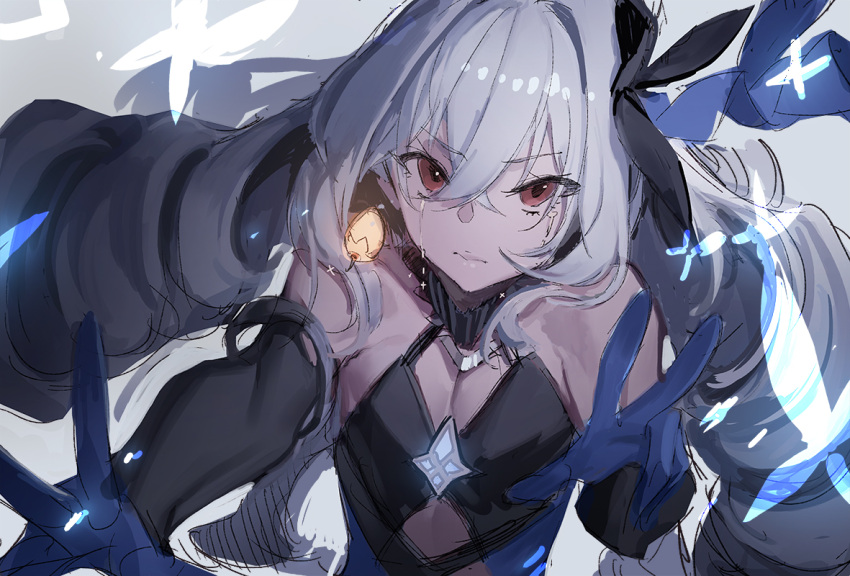 1girl bangs black_gloves breasts bronya_zaychik bronya_zaychik_(herrscher_of_reason) crossed_bangs crying crying_with_eyes_open dress drill_hair earrings elbow_gloves gloves hair_ornament hands_up honkai_(series) honkai_impact_3rd jewelry layered_dress long_hair looking_at_viewer olys parted_lips silver_hair small_breasts solo tears upper_body