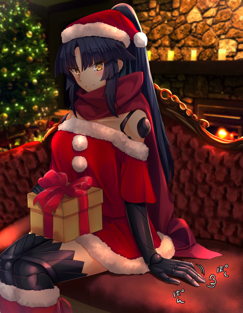 1girl android blue_hair box christmas christmas_tree dress fate/grand_order fate_(series) fur-trimmed_dress fur-trimmed_hat gift gift_box hat highres indoors katou_danzou_(fate/grand_order) long_hair looking_at_viewer ponytail red_dress red_scarf robot_joints santa_costume santa_dress santa_hat scarf sebire sitting smile solo yellow_eyes