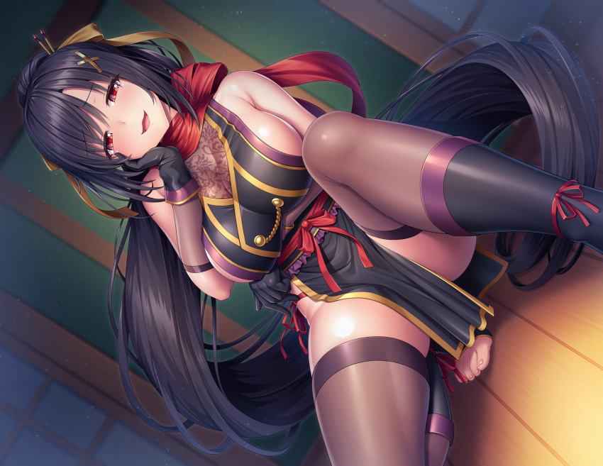 1girl :d arm_under_breasts bangs bare_shoulders black_hair blush boots breasts eyebrows_visible_through_hair gloves hair_ornament hair_ribbon hair_stick hand_on_own_cheek highres indoors japanese_clothes lambda_(kusowarota) large_breasts light_particles long_hair looking_at_viewer ninja open_mouth original pelvic_curtain ponytail red_eyes ribbon sash scarf sideboob sidelocks smile solo spread_legs squatting thigh-highs toeless_boots very_long_hair x_hair_ornament