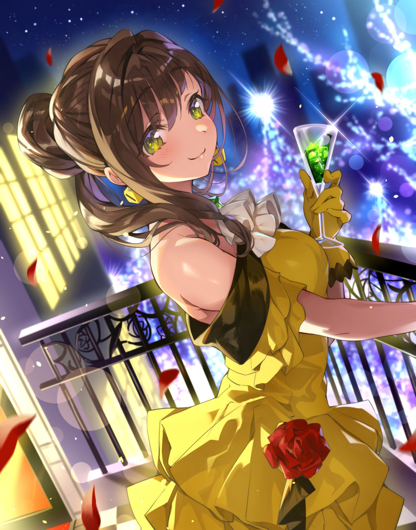 1girl bangs bare_shoulders brown_hair closed_mouth cup dress earrings falling_petals flower frilled_dress frills from_side gan_(shanimuni) gloves green_eyes hair_between_eyes hair_up highres holding holding_cup holding_drink jewelry looking_at_viewer night night_sky original outdoors party railing rose sky smile updo yellow_dress yellow_gloves