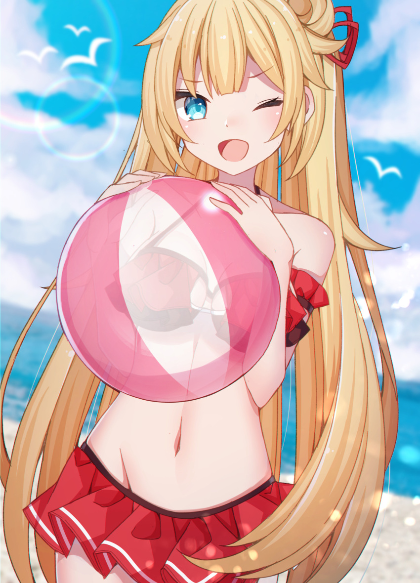 1girl ;d absurdres akai_haato ball bare_shoulders beachball bikini bikini_skirt blonde_hair blue_eyes blue_sky blurry blurry_background clouds cloudy_sky cowboy_shot day depth_of_field groin hair_bun hair_ribbon halterneck hands_up highres holding hololive lens_flare long_hair looking_at_viewer navel one_eye_closed open_mouth outdoors red_bikini ribbon sapphire_(sapphire25252) side_bun sidelocks sky smile solo stomach swimsuit twintails very_long_hair virtual_youtuber water