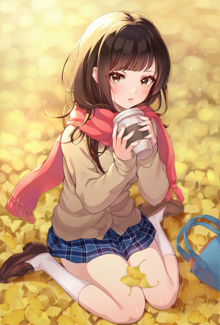 1girl absurdres autumn autumn_leaves backlighting bag bangs blue_skirt blunt_bangs blurry blush brown_eyes brown_hair cardigan coffee_cup cup day depth_of_field disposable_cup fingernails fringe_trim hands_up highres holding holding_cup inchangboy2 knees_together_feet_apart leaf light_particles loafers long_hair looking_at_viewer on_ground original outdoors parted_lips plaid plaid_skirt red_scarf scarf school_uniform shoes sitting skirt sleeves_past_wrists socks solo sunlight wariza white_legwear