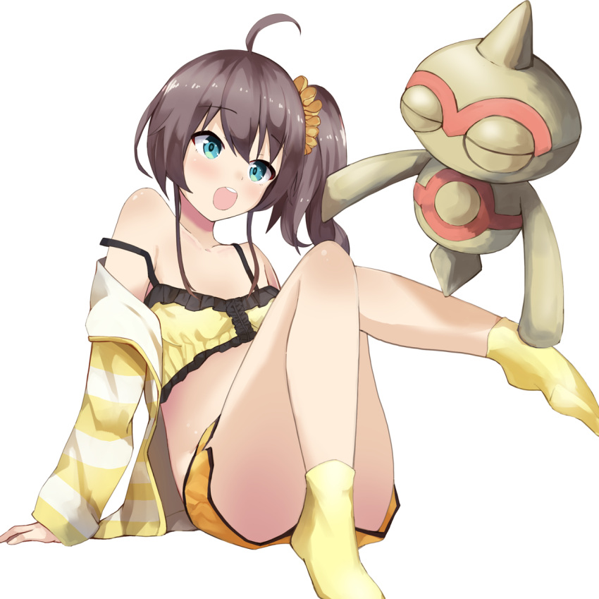 1girl ahoge baltoy bangs bare_shoulders blue_eyes blush brown_hair brown_scrunchie camisole character_request collarbone crossover eyebrows_visible_through_hair frilled_camisole gen_3_pokemon hair_ornament hair_scrunchie highres hololive jacket knees_up konkito long_sleeves midriff natsuiro_matsuri no_shoes off_shoulder one_side_up open_clothes open_jacket open_mouth orange_shorts pokemon pokemon_(creature) scrunchie short_shorts shorts simple_background sleeves_past_wrists socks strap_slip striped_jacket upper_teeth virtual_youtuber white_background yellow_camisole yellow_legwear