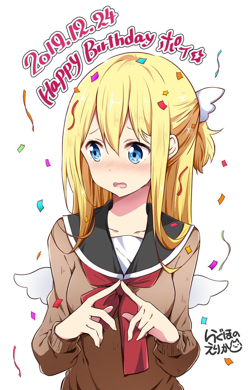 1girl amatsuka_poi black_sailor_collar blonde_hair blush brown_shirt chikanoko commentary_request confetti dated fingers_together happy_birthday highres long_hair long_sleeves mini_wings nose_blush open_mouth ragho_no_erika red_neckwear sailor_collar school_uniform serafuku shirt simple_background solo star streamers translation_request upper_body white_background white_wings wings