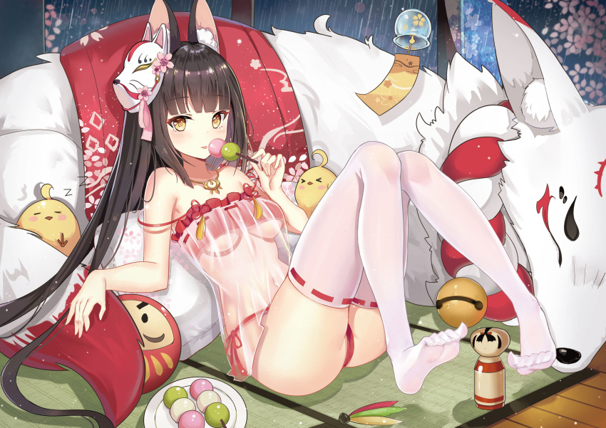 1girl absurdres animal_ear_fluff animal_ears azur_lane babydoll bangs black_hair blunt_bangs bra breasts dango daruma_doll eating feet food fox_ears fox_mask frilled_bra frills highres hime_cut jewelry lingerie loki1998 long_hair looking_at_viewer manjuu_(azur_lane) mask mask_on_head medium_breasts nagato_(azur_lane) nagato_(great_fox's_sleepwear)_(azur_lane) navel necklace panties reclining red_panties sanshoku_dango see-through side-tie_panties skewer solo spaghetti_strap stomach straight_hair strap_slip tatami thigh-highs tongue tongue_out under_boob underwear wagashi white_legwear yellow_eyes