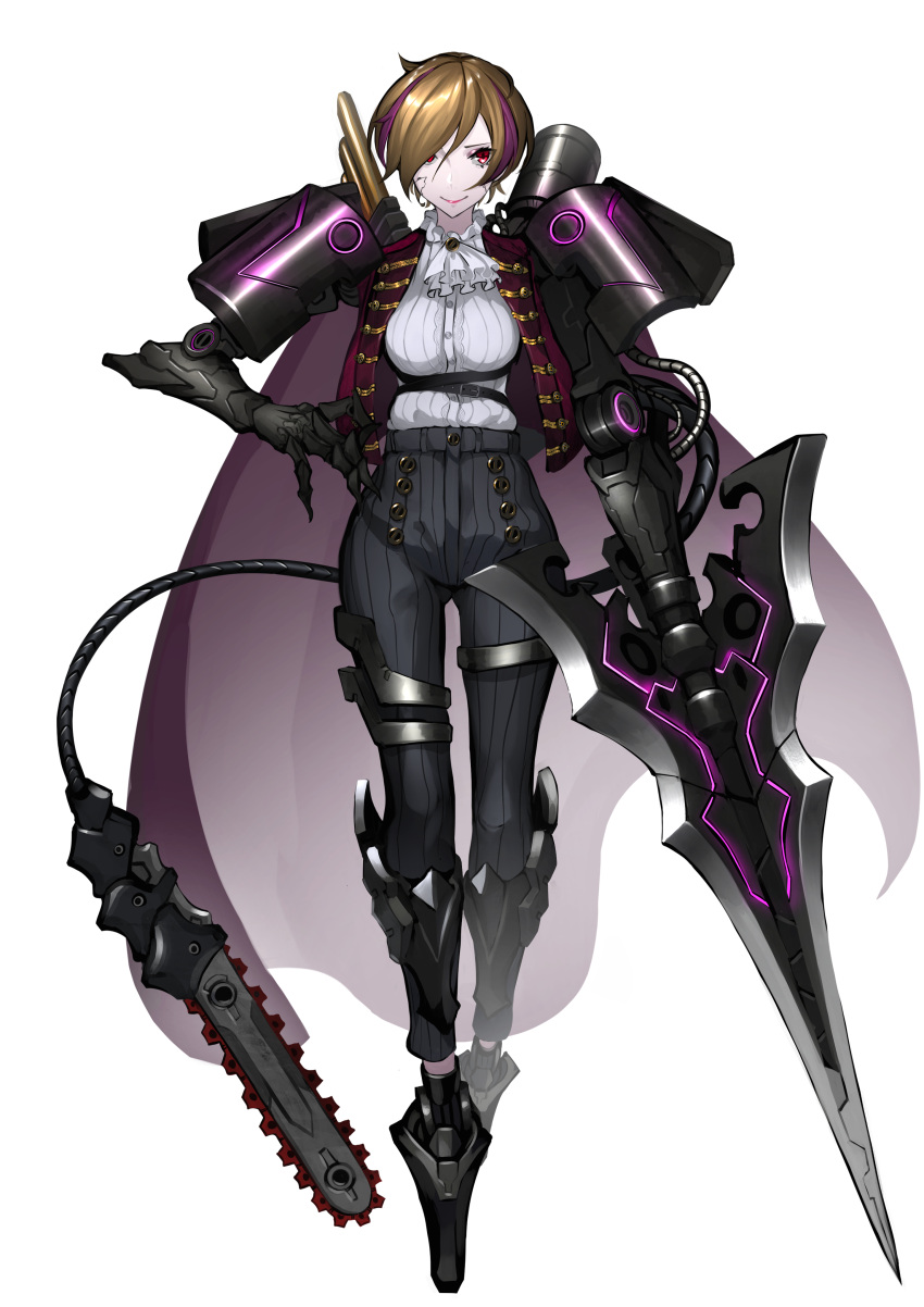 1girl absurdres android asagon007 breasts chainsaw claws cyborg highres looking_at_viewer mecha mechanical_arm multicolored_hair original prosthesis prosthetic_arm purple_hair red_eyes science_fiction short_hair smile solo streaked_hair sword tail weapon