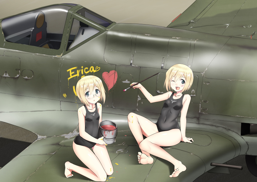 2girls :o a9b_(louis814) absurdres arm_support ass_visible_through_thighs blonde_hair breasts character_name covered_navel erica_hartmann fw_190 heart highres kneeling looking_at_viewer multiple_girls one_eye_closed paint_on_body paint_on_face paintbrush rimless_eyewear school_swimsuit short_hair siblings sisters sitting small_breasts smile strike_witches swimsuit twins ursula_hartmann world_witches_series