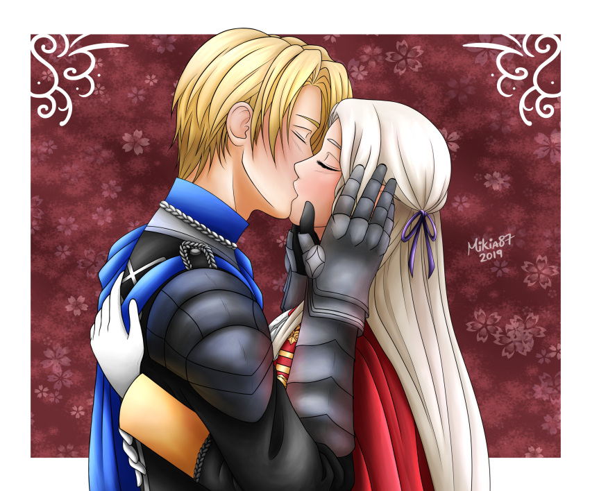 1boy 1girl armor blonde_hair closed_eyes couple cute dimitri_alexandre_bladud dimitri_alexandre_blaiddyd edelgard_von_hresvelg fire_emblem fire_emblem:_three_houses fire_emblem:_three_houses floral_background gloves intelligent_systems kiss kissing koei_tecmo long_hair love mikia87 nintendo ribbon short_hair white_hair