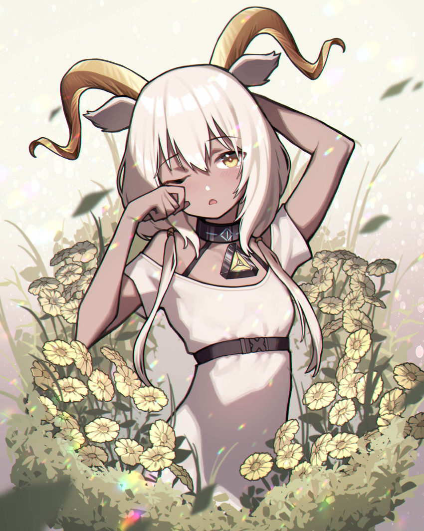 1girl ;o absurdres animal_ears arknights arms_up bangs beeswax_(arknights) beudelb blush collar dark-skinned_female dark_skin dress eyebrows_visible_through_hair flat_chest flower goat_ears goat_horns gradient gradient_background grey_background highres horns infection_monitor_(arknights) long_hair looking_at_viewer low_twintails off-shoulder_dress off_shoulder one_eye_closed open_mouth short_sleeves silver_hair solo twintails underbust upper_body white_dress wiping_face yellow_eyes yellow_flower