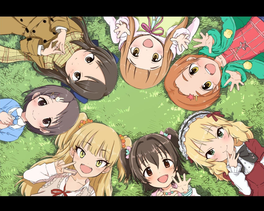 6+girls akagi_miria animal_costume arms_up black_hair blonde_hair brown_coat brown_eyes brown_hair brown_scarf brown_sweater_vest bunny_costume coat coffee-milk-moumou dress fangs forehead green_eyes green_jacket hair_intakes hair_ornament hairband hairclip hand_on_own_chest hand_to_own_mouth hands_together hood ichihara_nina idolmaster idolmaster_cinderella_girls jacket jougasaki_rika lolita_hairband long_hair lying multiple_girls on_back open_mouth red_dress red_shirt ryuuzaki_kaoru sakurai_momoka sasaki_chie scarf scrunchie shirt short_hair smile sweater_vest tachibana_arisu two_side_up upper_body v waving white_shirt