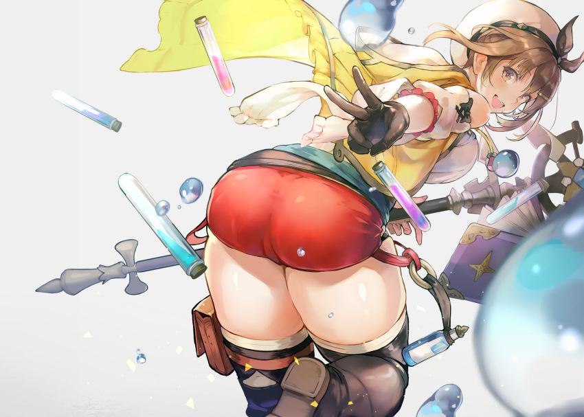 1girl :d ass atelier_(series) atelier_ryza breasts brown_eyes brown_gloves brown_hair evers eyebrows_visible_through_hair from_behind gloves grey_background hair_ornament hairclip hat highres holding holding_staff looking_at_viewer open_mouth red_shorts reisalin_stout short_hair short_shorts shorts simple_background single_glove smile solo staff test_tube thigh-highs thighs v white_headwear white_legwear