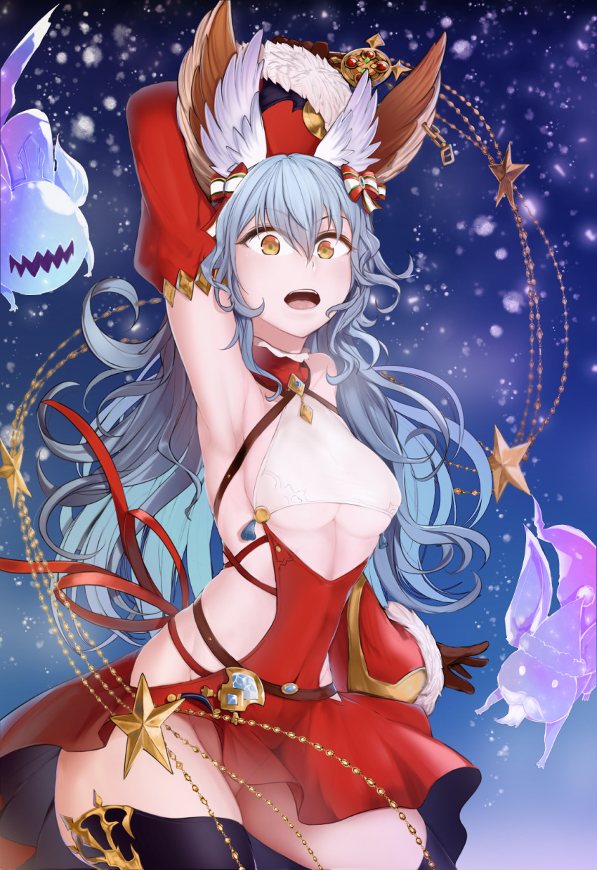 1girl animal_ears arm_behind_head arm_up armpits bare_shoulders black_legwear blue_background blue_hair bottomless breasts covered_navel curly_hair detached_sleeves dress erune ferry_(granblue_fantasy) fur-trimmed_sleeves fur_trim ghost granblue_fantasy groin hair_between_eyes hat highres holding_whip jewelry long_hair medium_breasts mikamino96 no_panties open_mouth red_dress santa_hat see-through sideless_outfit single_earring snowing solo star under_boob underboob_cutout upper_teeth very_long_hair yellow_eyes