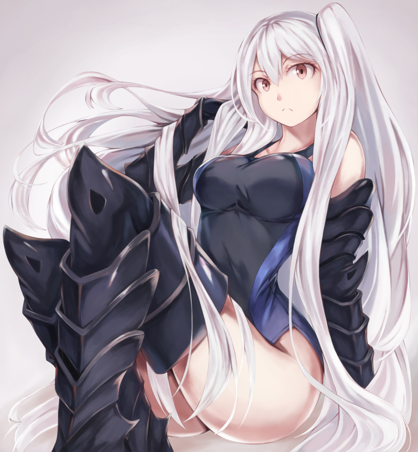 1girl absurdres aircraft_carrier_hime aircraft_carrier_oni armored_boots beisaku_bei black_border black_dress black_swimsuit blue_swimsuit boots border breasts competition_swimsuit dress eyebrows_visible_through_hair gauntlets gradient gradient_background grey_background hair_between_eyes highres kantai_collection large_breasts long_hair one-piece_swimsuit one_side_up sailor_dress shinkaisei-kan short_dress sitting solo swimsuit thigh-highs thigh_boots very_long_hair white_hair white_skin