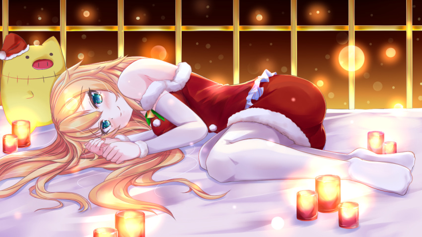 1girl akai_haato bangs bare_shoulders bell blonde_hair blue_eyes candle christmas closed_mouth detached_sleeves eyebrows_visible_through_hair fetal_position haaton_(haato_channel) hat hololive jingle_bell long_hair looking_at_viewer lying on_side pantyhose rorimiko-yahoo santa_costume santa_hat smile solo stuffed_animal stuffed_toy virtual_youtuber white_legwear
