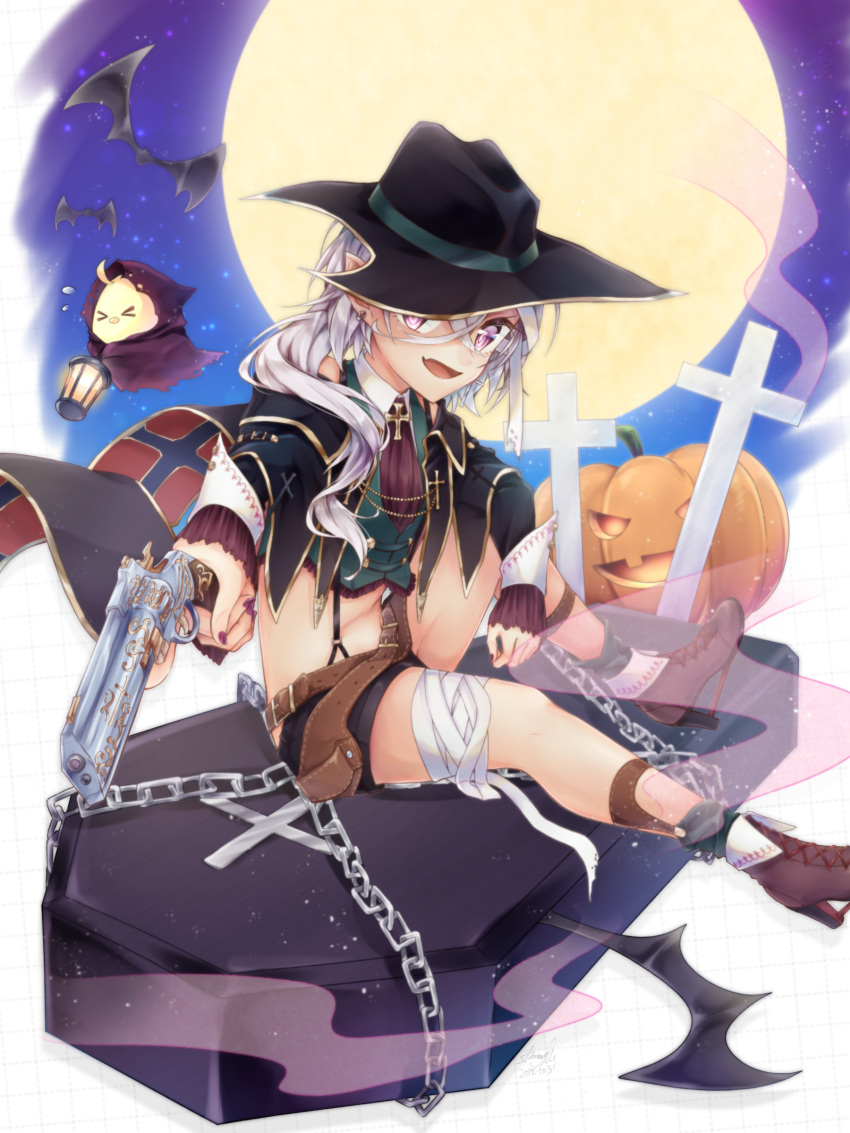 &gt;_&lt; 1girl :d absurdres alternate_costume alternate_hairstyle ascot azur_lane bandaged_head bandaged_leg bandages bangs bat belt black_headwear black_jacket black_shorts boots brown_footwear chain cloak coffin collared_shirt commentary_request cross cross-laced_clothes cross_necklace crossed_bangs dated earrings fang fedora flying_sweatdrops frilled_sleeves frills full_body full_moon green_footwear green_vest gun halloween hat high_heel_boots high_heels highres holding holding_gun holding_weapon holster jack-o'-lantern jacket jewelry lantern looking_at_viewer manjuu_(azur_lane) maple_may-gumi midriff moon navel necklace off-shoulder_jacket open_mouth pointy_ears purple_nails shadow shirt short_shorts shorts signature sitting sitting_on_object skin_fang sky smile socks solo star_(sky) starry_sky stud_earrings suspender_shorts suspenders tombstone vest violet_eyes weapon white_hair white_shirt z1_leberecht_maass_(azur_lane)