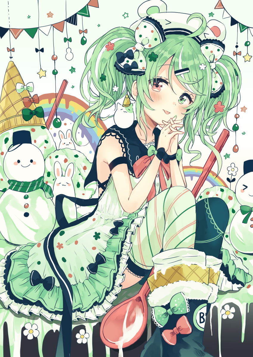 &gt;_&lt; 1girl absurdres ahoge animal animal_ears animal_hat bangs black_bow black_footwear black_legwear black_sailor_collar blush boots bow closed_mouth collarbone commentary_request diagonal_stripes dress eyebrows_visible_through_hair fake_animal_ears food frilled_dress frills gradient gradient_background green_background green_bow green_eyes green_hair green_scarf hair_between_eyes hair_bow hair_ornament hairclip hands_together hands_up hat highres ice_cream ice_cream_cone interlocked_fingers long_hair mismatched_legwear multicolored_hair original own_hands_together pennant rabbit red_bow red_eyes sailor_collar sailor_dress sakura_oriko scarf sleeveless sleeveless_dress snowman solo spoon streaked_hair string_of_flags striped striped_legwear thigh-highs tongue tongue_out twintails white_background white_bow white_dress white_hair white_headwear white_legwear