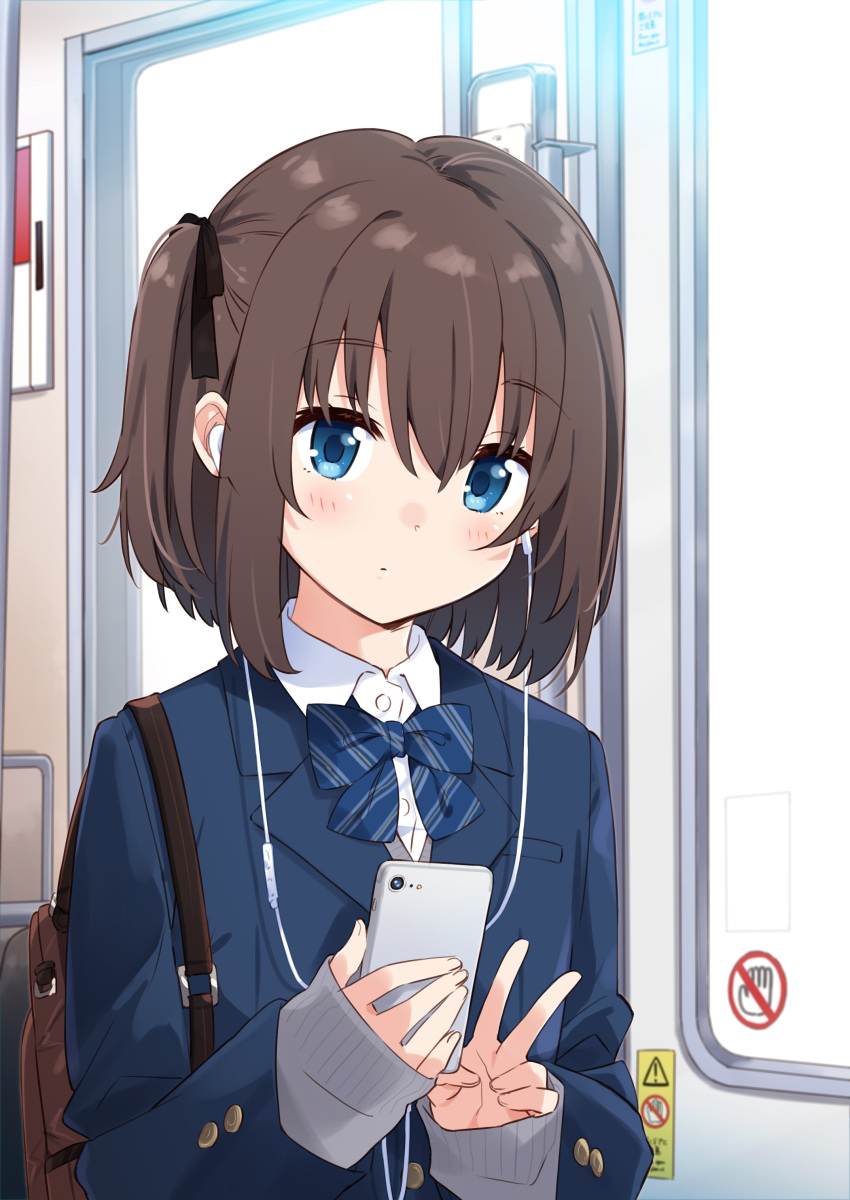 1girl absurdres bag bangs black_ribbon blazer blue_bow blue_eyes blue_jacket blue_neckwear blush bow bowtie brown_hair cellphone closed_mouth commentary_request earphones eyebrows_visible_through_hair hair_ribbon highres holding holding_cellphone holding_phone jacket long_sleeves looking_at_viewer mousou_(mousou_temporary) one_side_up original phone ribbon school_uniform short_hair shoulder_bag sleeves_past_wrists smartphone solo striped striped_bow striped_neckwear train_interior upper_body v wing_collar