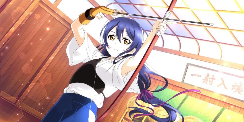 archery blue_hair blush brown_eyes dress long_hair love_live!_school_idol_festival_all_stars sonoda_umi