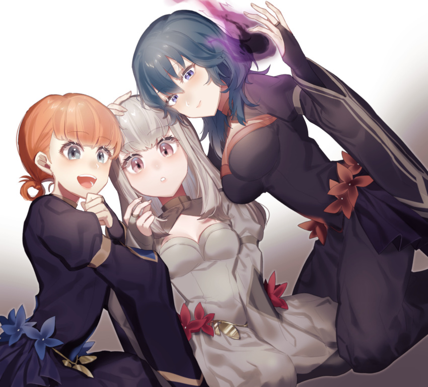3girls absurdres annette_fantine_dominic blue_eyes blue_hair bridal_gauntlets byleth_(fire_emblem) byleth_eisner_(female) closed_mouth dress fire_emblem fire_emblem:_three_houses from_side hand_on_another's_head highres ichimonjikun2 long_hair long_sleeves looking_to_the_side lysithea_von_ordelia medium_hair multiple_girls open_mouth orange_hair pink_eyes simple_background sitting twintails white_hair wide_sleeves