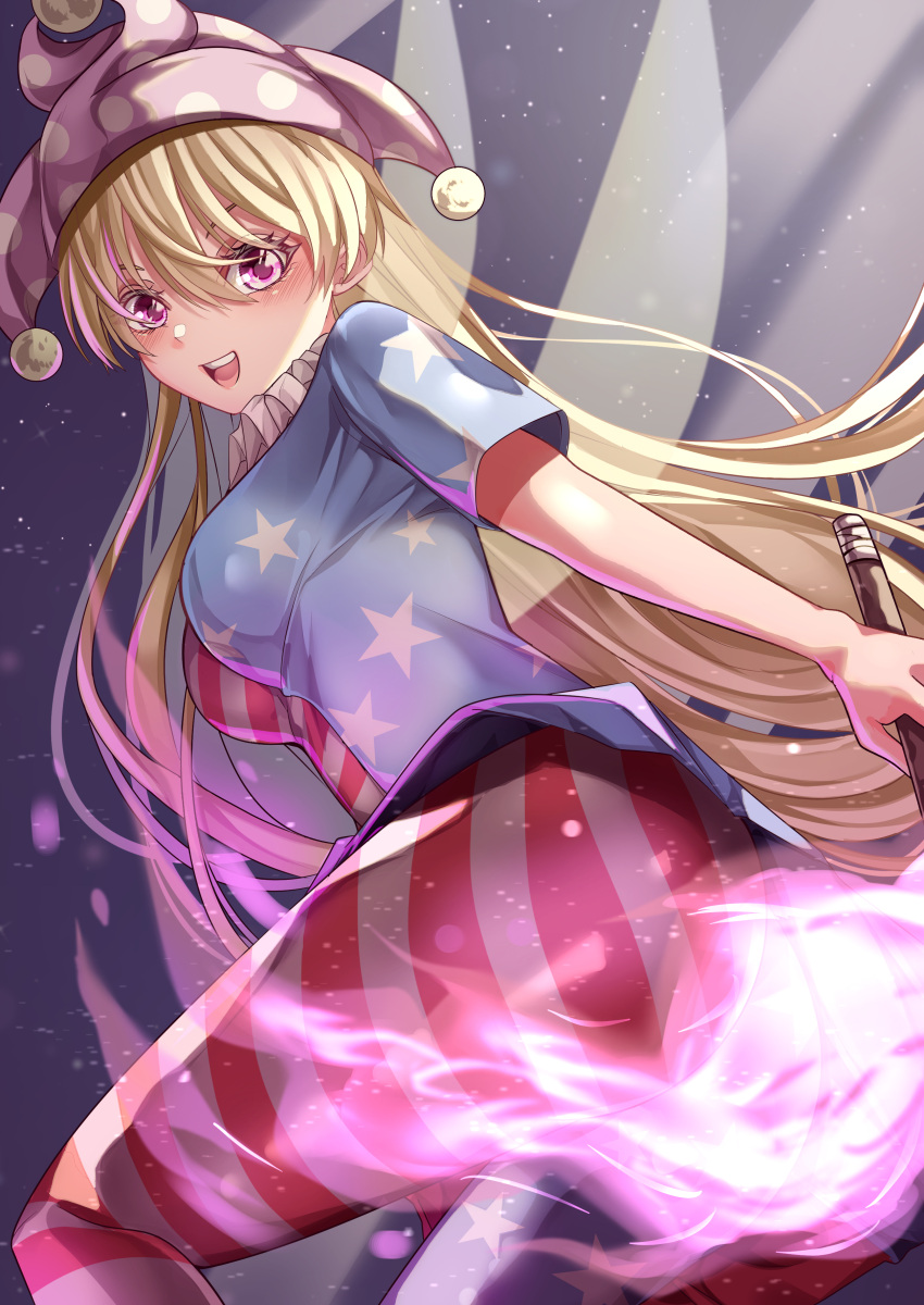 1girl absurdres american_flag_pants american_flag_shirt ass bangs blonde_hair blue_shirt blue_sleeves blush breasts clownpiece eyebrows_visible_through_hair fairy_wings fire flying from_behind gradient gradient_background hair_between_eyes hat highres jester_cap light long_hair looking_at_viewer maboroshi_mochi medium_breasts multicolored_clothes multicolored_pants multicolored_shirt neck_ruff open_mouth pants pink_eyes pink_fire polka_dot purple_background purple_headwear red_pants red_shirt shadow shirt short_sleeves smile solo star_(symbol) star_print striped striped_pants striped_shirt teeth tongue torch touhou violet_eyes white_pants white_shirt wings