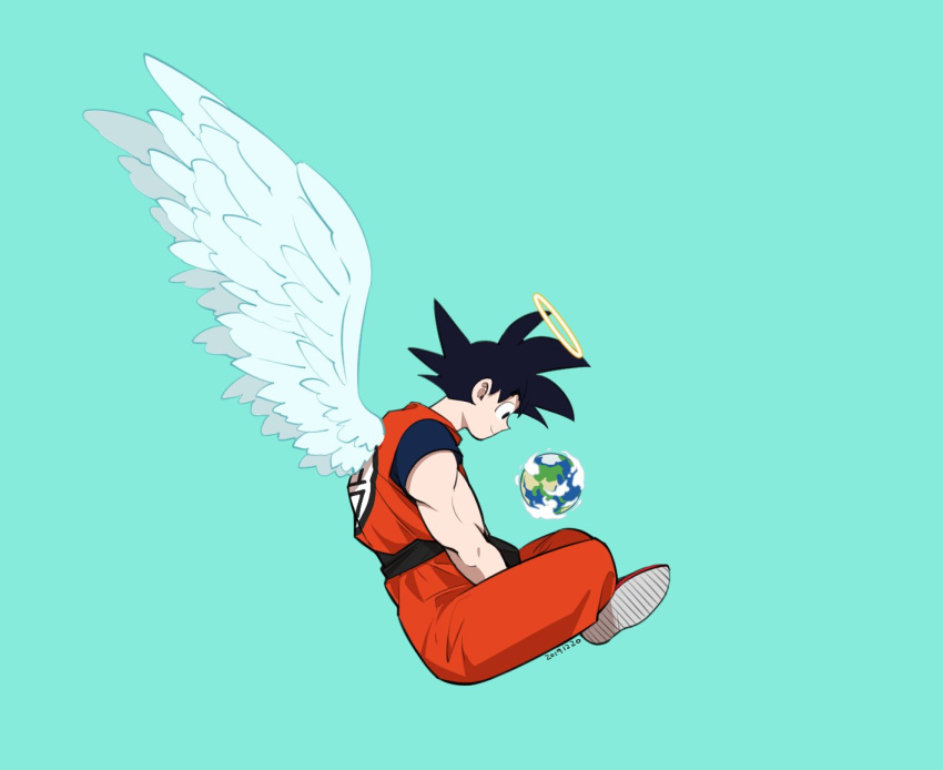 1boy 2019 angel_wings aqua_background black_eyes black_hair closed_mouth clothes_writing clouds commentary_request cool_gelato dated dougi dragon_ball dragon_ball_z earth floating from_side full_body giant halo hands_on_lap happy looking_down male_focus planet profile simple_background smile son_gokuu spiky_hair wings