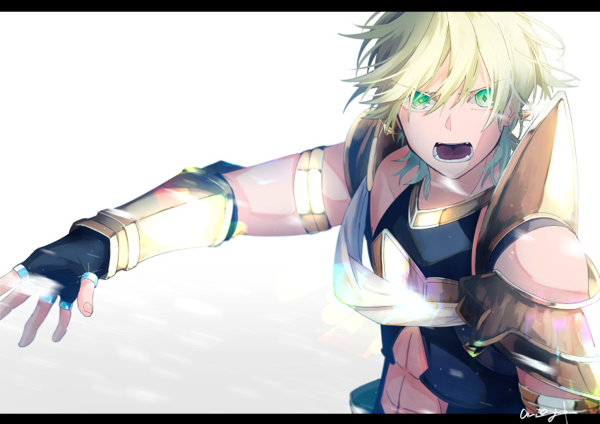 1boy absurdres blonde_hair earrings fate/grand_order fate_(series) fingerless_gloves gloves green_eyes highres jason_(fate/grand_order) jewelry open_mouth short_hair solo vambraces