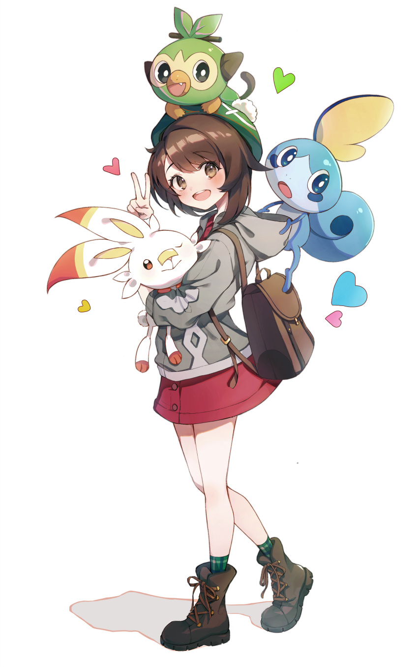 1girl absurdres backpack bag bangs blush bob_cut boots brown_eyes brown_footwear brown_hair cardigan commentary_request dress gen_8_pokemon green_headwear green_legwear grey_cardigan grookey hat heart highres holding holding_pokemon long_sleeves looking_at_viewer lunia open_mouth pink_dress pokemon pokemon_(creature) pokemon_(game) pokemon_on_head pokemon_swsh revision scorbunny short_hair simple_background smile sobble socks tam_o'_shanter v white_background yuuri_(pokemon)