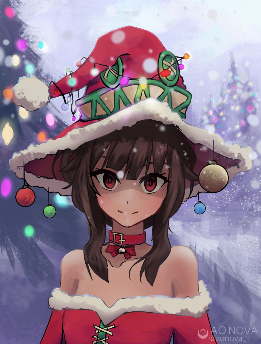 1girl 5pb. absurdres adapted_costume aonova bare_shoulders breasts brown_hair christmas christmas_ornaments christmas_tree collar dress hat highres kadokawa_shoten kono_subarashii_sekai_ni_shukufuku_wo! looking_at_viewer mages_(company) megumin off-shoulder_dress off_shoulder outdoors red_collar red_dress red_eyes santa_costume santa_hat short_hair short_hair_with_long_locks shousetsuka_ni_narou small_breasts smile snow solo studio_deen watermark witch_hat