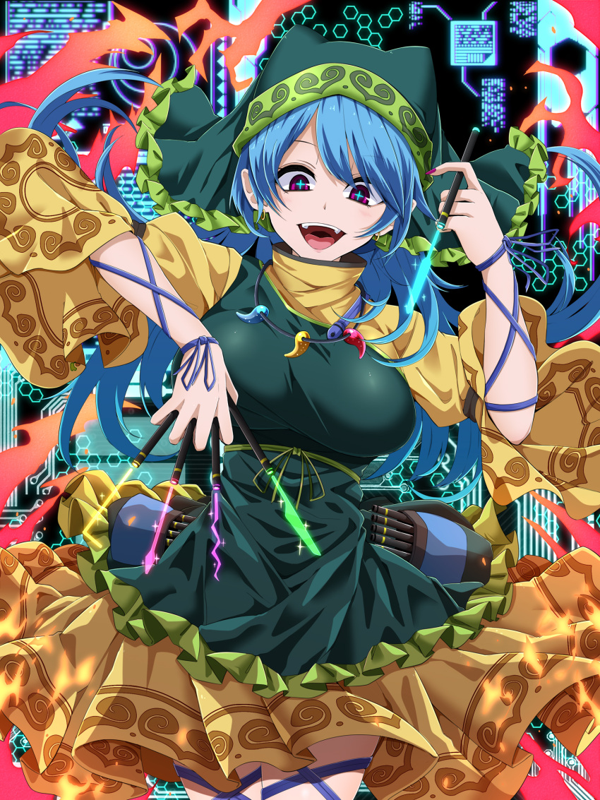 +_+ 1girl :d apron bangs blue_hair breasts chisel commentary_request cowboy_shot dress earrings green_apron hand_up haniyasushin_keiki head_scarf highres holding jewelry juliet_sleeves large_breasts long_hair long_sleeves looking_at_viewer magatama magatama_necklace nail_polish necklace open_mouth puffy_sleeves purple_nails rihito_(usazukin) smile solo standing touhou violet_eyes wide_sleeves yellow_dress