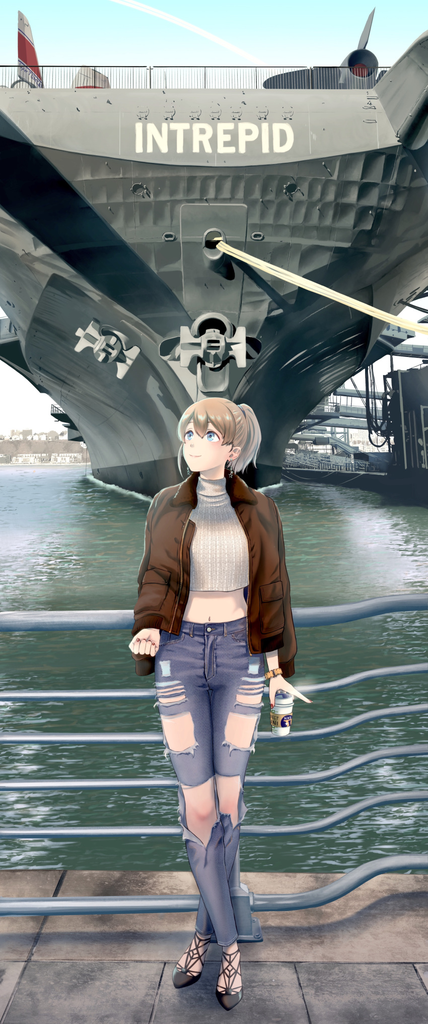 1girl absurdres aircraft_carrier bangs black_footwear blue_eyes blush breasts brown_hair brown_jacket casual closed_mouth commentary_request crop_top crossed_legs cup denim earrings fur-trimmed_jacket fur_trim hair_between_eyes highres holding holding_cup intrepid_(kantai_collection) jacket jeans jewelry kantai_collection large_breasts looking_away looking_up midriff military military_vehicle mochimoumai navel new_york object_namesake open_clothes open_jacket pants pier ponytail railing red_nails revision river ship shirt short_hair smile solo star star_earrings tareme torn_clothes torn_jeans torn_pants turtleneck uss_intrepid_(cv-11) warship watercraft watson_cross wristband