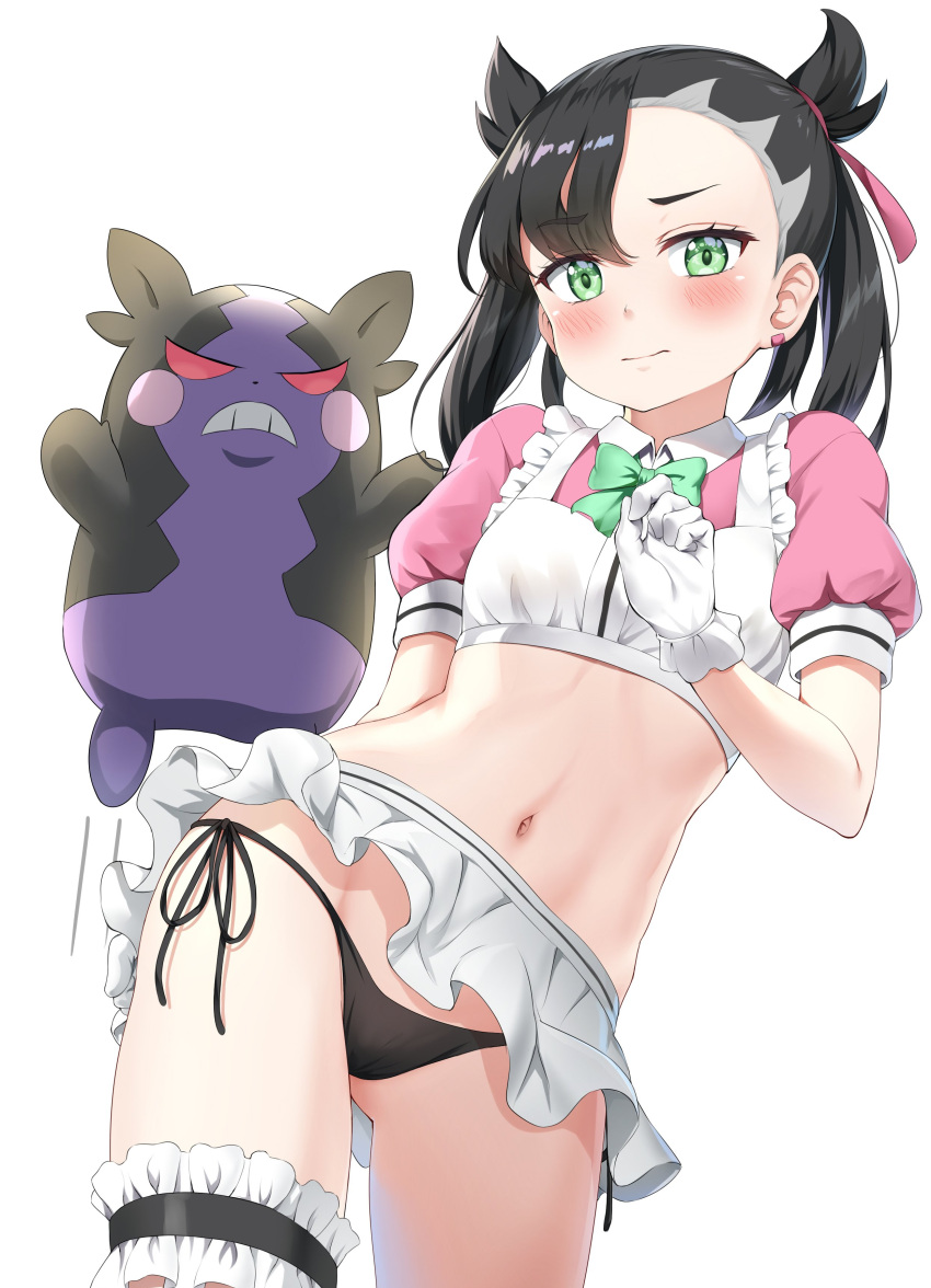 1girl absurdres alternate_costume ass_visible_through_thighs asymmetrical_bangs bangs black_hair blush bow bowtie breasts closed_mouth commentary_request crop_top earrings enmaided eyebrows_visible_through_hair frills from_below gloves green_eyes hair_ribbon highres jewelry looking_at_viewer maid mary_(pokemon) morpeko navel nedia_(nedia_region) panties pokemon pokemon_(game) pokemon_swsh puffy_sleeves ribbon side-tie_panties simple_background skirt small_breasts string_panties thigh_strap twintails undercut underwear white_background white_gloves
