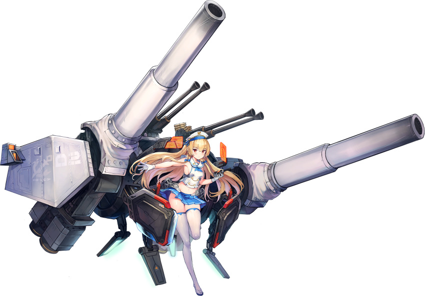 1girl ag-2c_sirene bangs blonde_hair blue_skirt blush braid breasts cannon eyebrows_visible_through_hair full_body gloves hair_between_eyes hat highres huge_weapon last_origin long_hair looking_at_viewer midriff navel official_art paintale peaked_cap pleated_skirt red_eyes sailor single_braid skirt small_breasts solo tachi-e thigh-highs transparent_background weapon white_gloves white_headwear white_legwear zettai_ryouiki