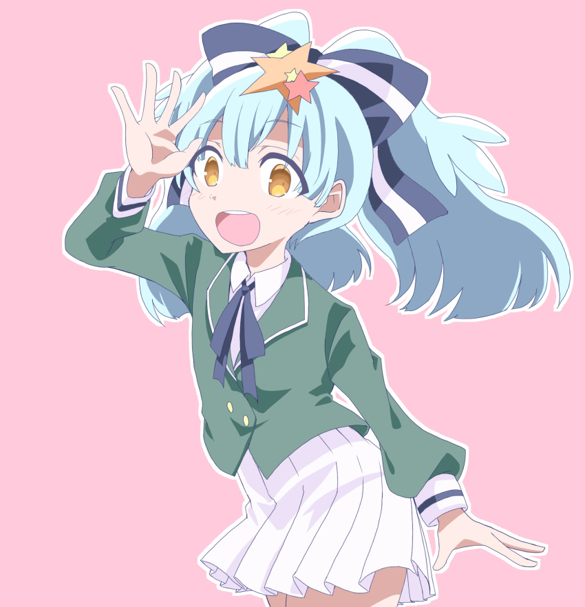 1girl :d bangs blue_hair blue_ribbon collared_shirt eyebrows_visible_through_hair eyes_visible_through_hair green_jacket hair_between_eyes hair_ornament hair_ribbon highres hoshikawa_lily jacket light_blue_hair long_sleeves miniskirt mr.milk_caramel open_mouth orange_eyes outline pleated_skirt ribbon round_teeth shirt skirt smile solo star star_hair_ornament striped striped_ribbon teeth twintails white_outline white_shirt white_skirt zombie_land_saga