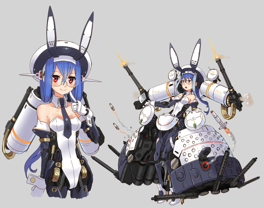 1girl android animal_ears blue_hair blue_neckwear breasts bunny_girl bunnysuit commentary_request detached_collar full_body glasses gun headgear high_heels highres katahira_masashi leotard long_hair missile multiple_views necktie original rabbit_ears red_eyes small_breasts strapless strapless_leotard weapon white_leotard wrist_cuffs