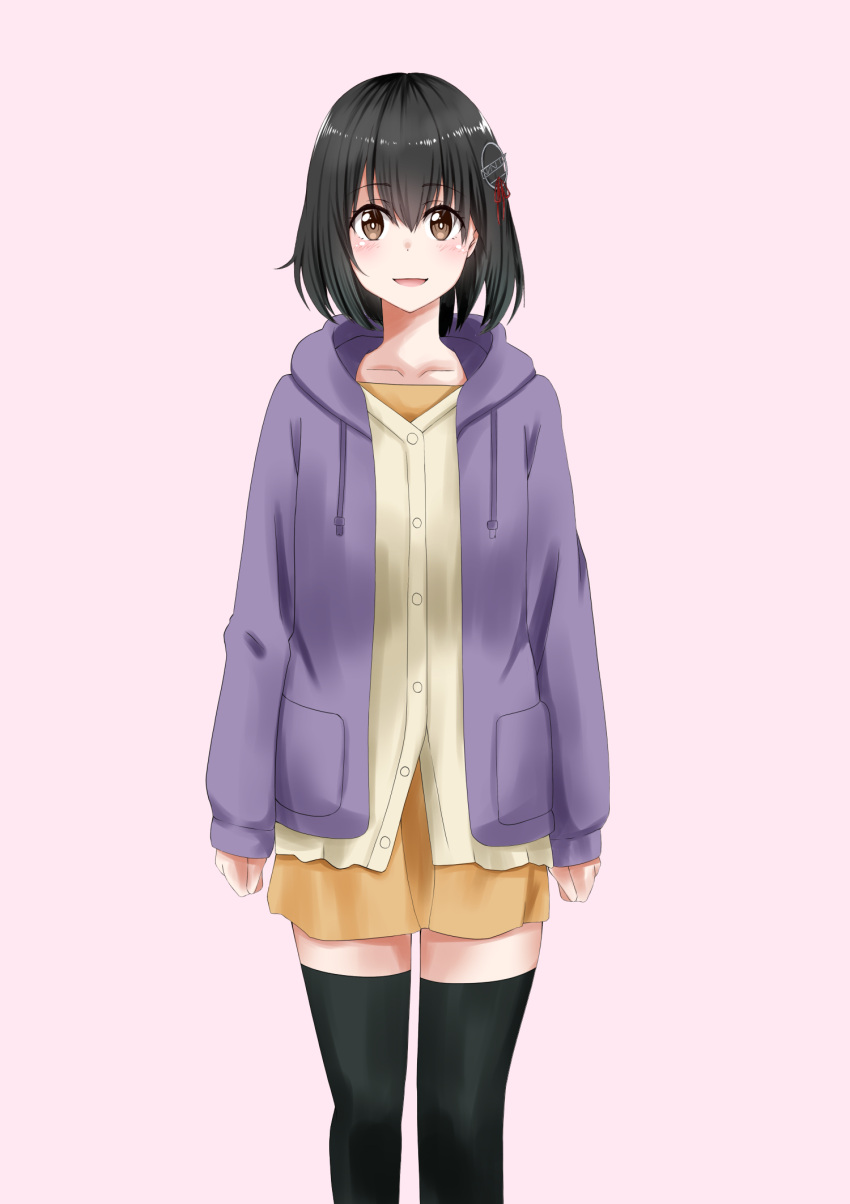 1girl :d alternate_costume black_hair black_legwear brown_eyes brown_skirt cowboy_shot haguro_(kantai_collection) hair_ornament highres hood hooded_sweater kantai_collection looking_at_viewer nakura_haru open_mouth pink_background purple_sweater short_hair simple_background skirt smile solo sweater thigh-highs white_cardigan