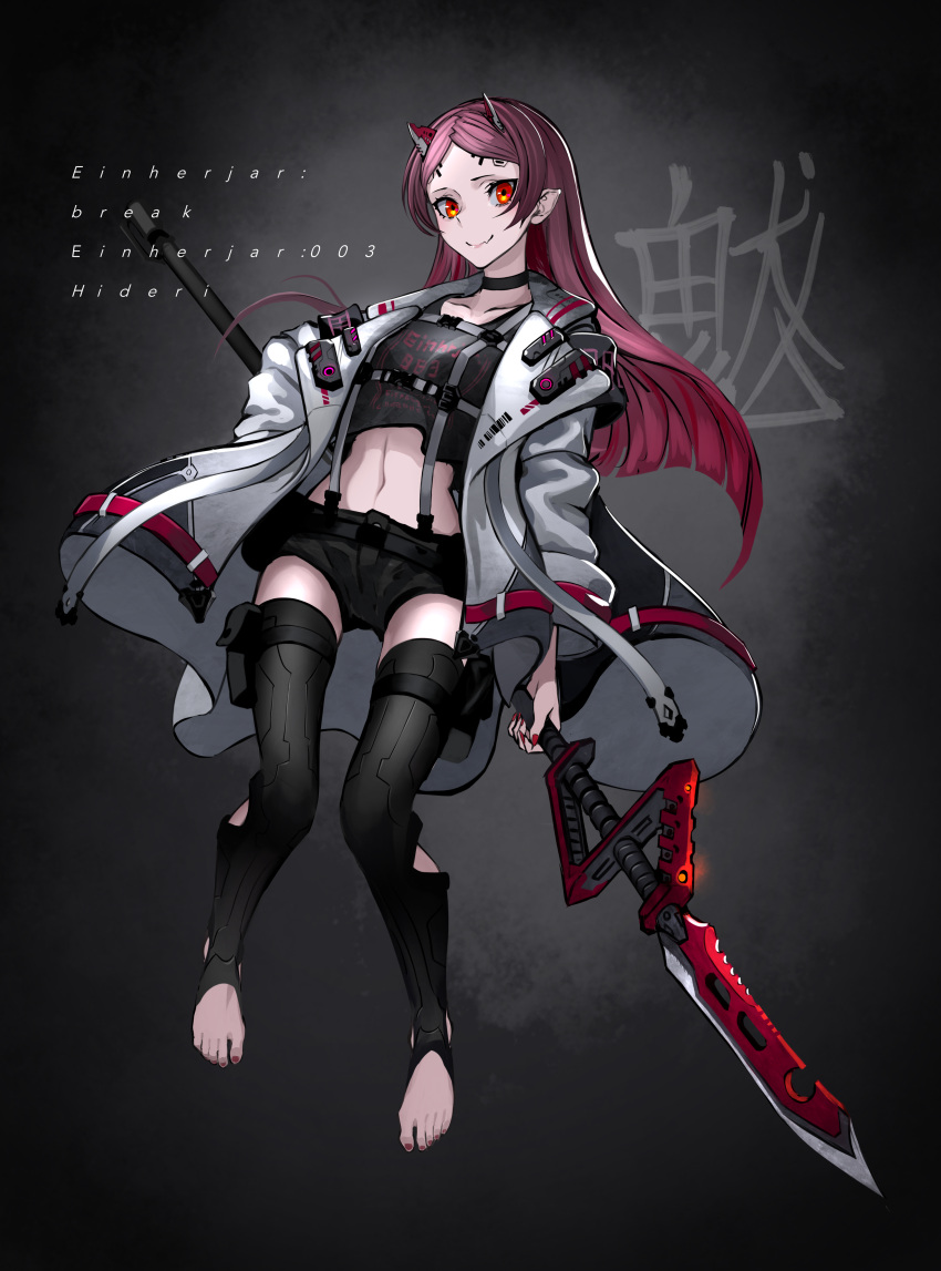 1girl absurdres android asagon007 choker einherjar_hideri fang highres horns jacket long_hair looking_at_viewer navel open_mouth original pointy_ears polearm purple_hair red_eyes science_fiction skin_fang smile solo spear weapon