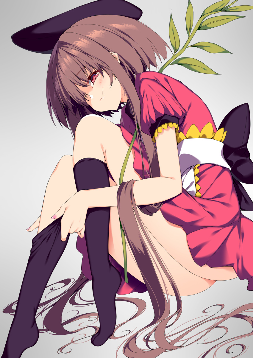 1girl apron ass bangs black_headwear black_legwear blush brown_hair commentary_request dress eyebrows_visible_through_hair grey_background highres kneehighs knees_up looking_at_viewer myouga_(plant) nail_polish nishida_satono no_shoes partial_commentary pink_dress pink_eyes pink_nails puffy_short_sleeves puffy_sleeves sakurame short_dress short_hair_with_long_locks short_sleeves sidelocks simple_background sitting smile solo touhou waist_apron white_apron