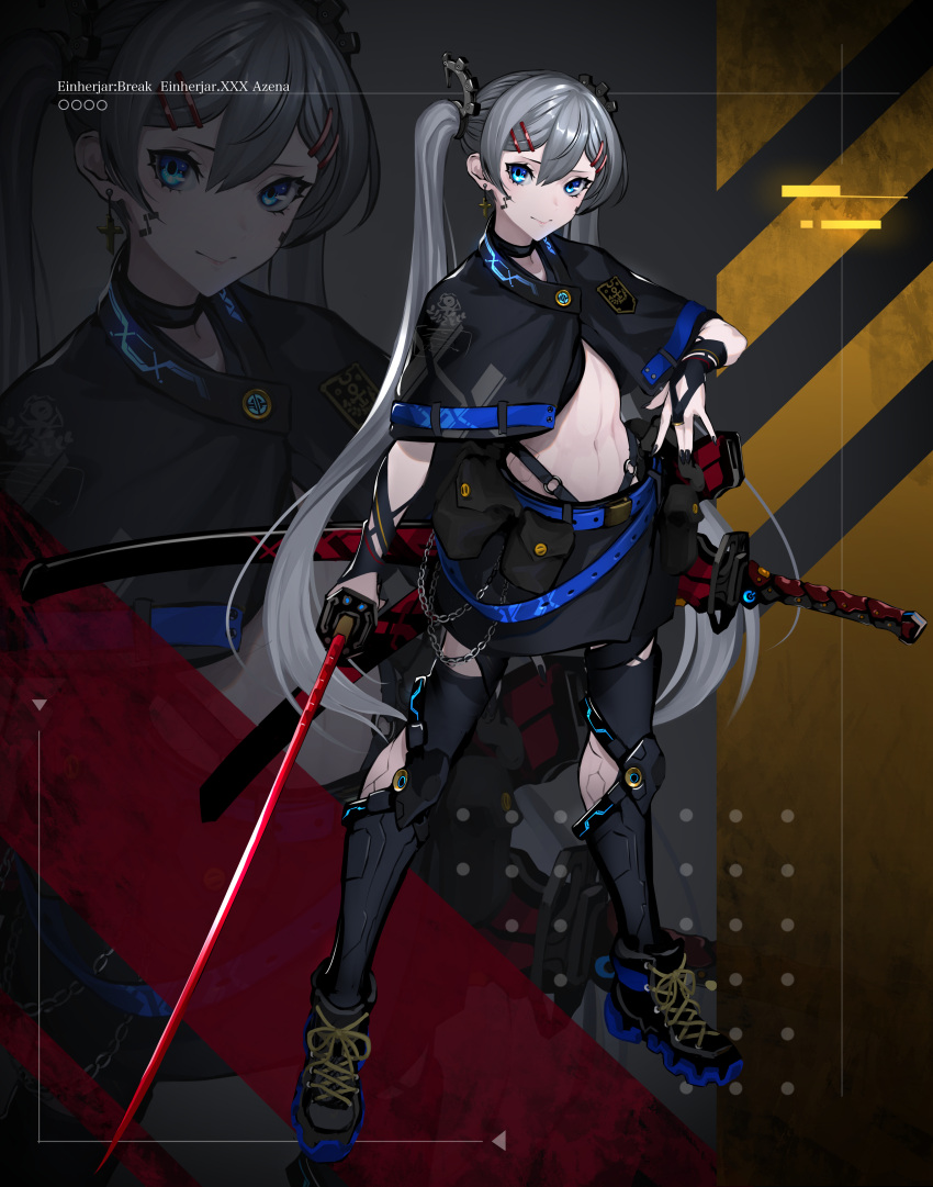 1girl abs absurdres android asagon007 blue_eyes earrings einherjar_azena gloves highres jewelry katana long_hair looking_at_viewer midriff navel original red_sword science_fiction silver_hair smile solo sword tattoo twintails weapon