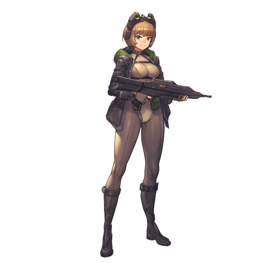 1girl assault_rifle bangs bodysuit boots breasts brown_eyes brown_hair fingerless_gloves gloves goggles goggles_on_head grin gun highres hood hooded_jacket jacket kakiman last_origin looking_at_viewer medium_breasts rifle short_hair smile solo t-2_brownie tachi-e transparent_background weapon