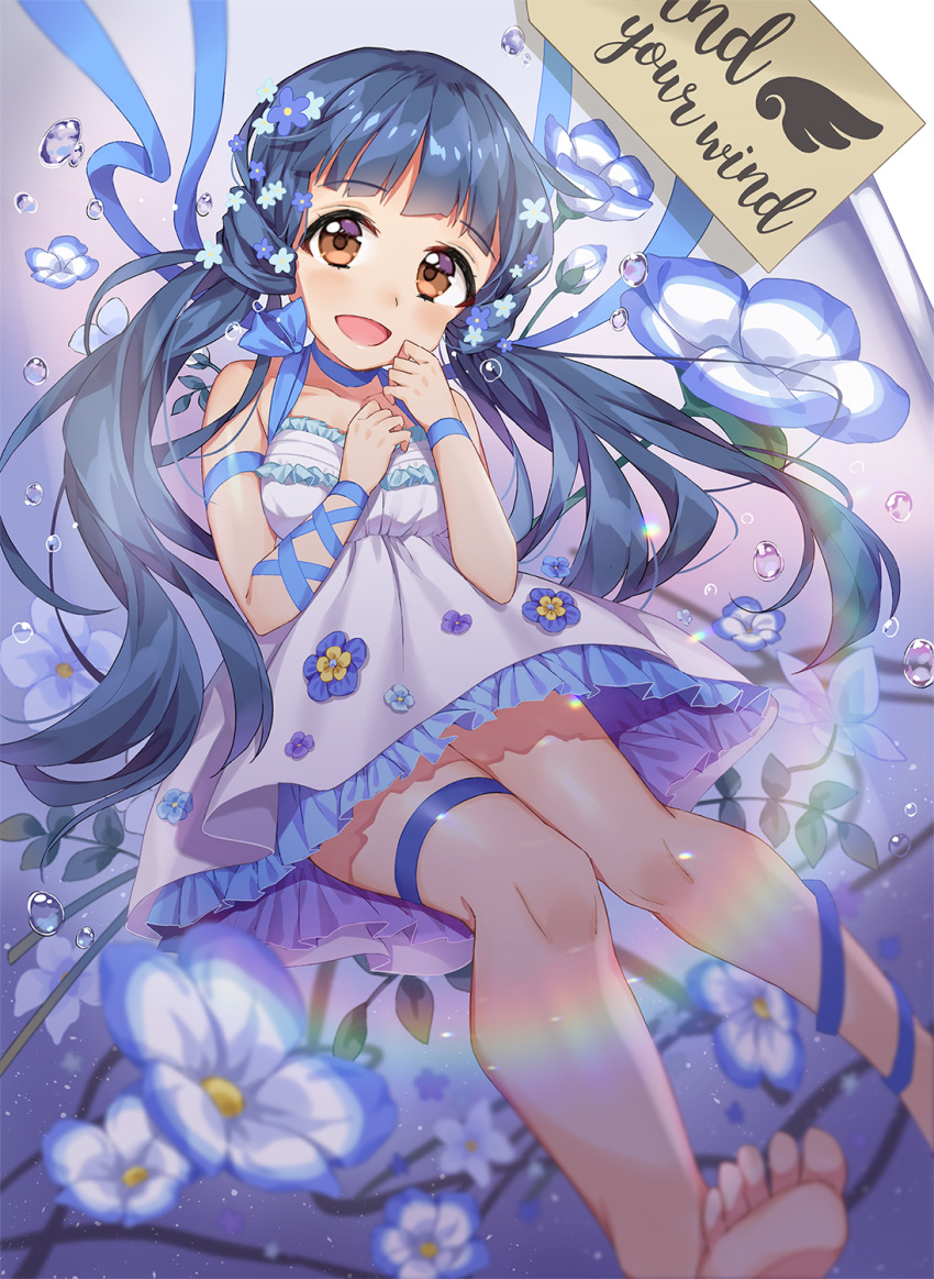 1girl :d arm_ribbon bangs bare_shoulders barefoot black_hair blue_flower blue_ribbon blurry blurry_foreground breasts brown_eyes chobi_(penguin_paradise) collarbone commentary_request depth_of_field dress english_text eyebrows_visible_through_hair flower frilled_dress frills hair_flower hair_ornament hands_up highres idolmaster idolmaster_million_live! kitakami_reika long_hair looking_at_viewer open_mouth purple_flower ribbon sleeveless sleeveless_dress small_breasts smile soles solo twintails very_long_hair water_drop white_dress
